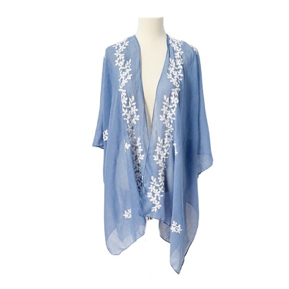 Trezo Tops - Blue Open Kimono Topper with White Leaf Appliques  OS